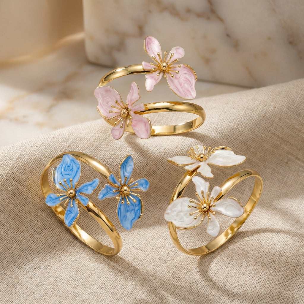 Enamel Flower Cuff Bracelet Gold Tone Floral Statement Jewelry
