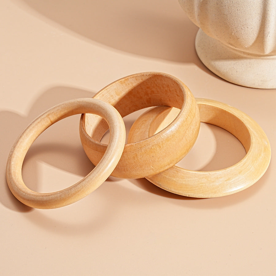 3pc Wood Wide Bangle Set Coffee Solid Pattern Natural Boho Fashion Bracelets