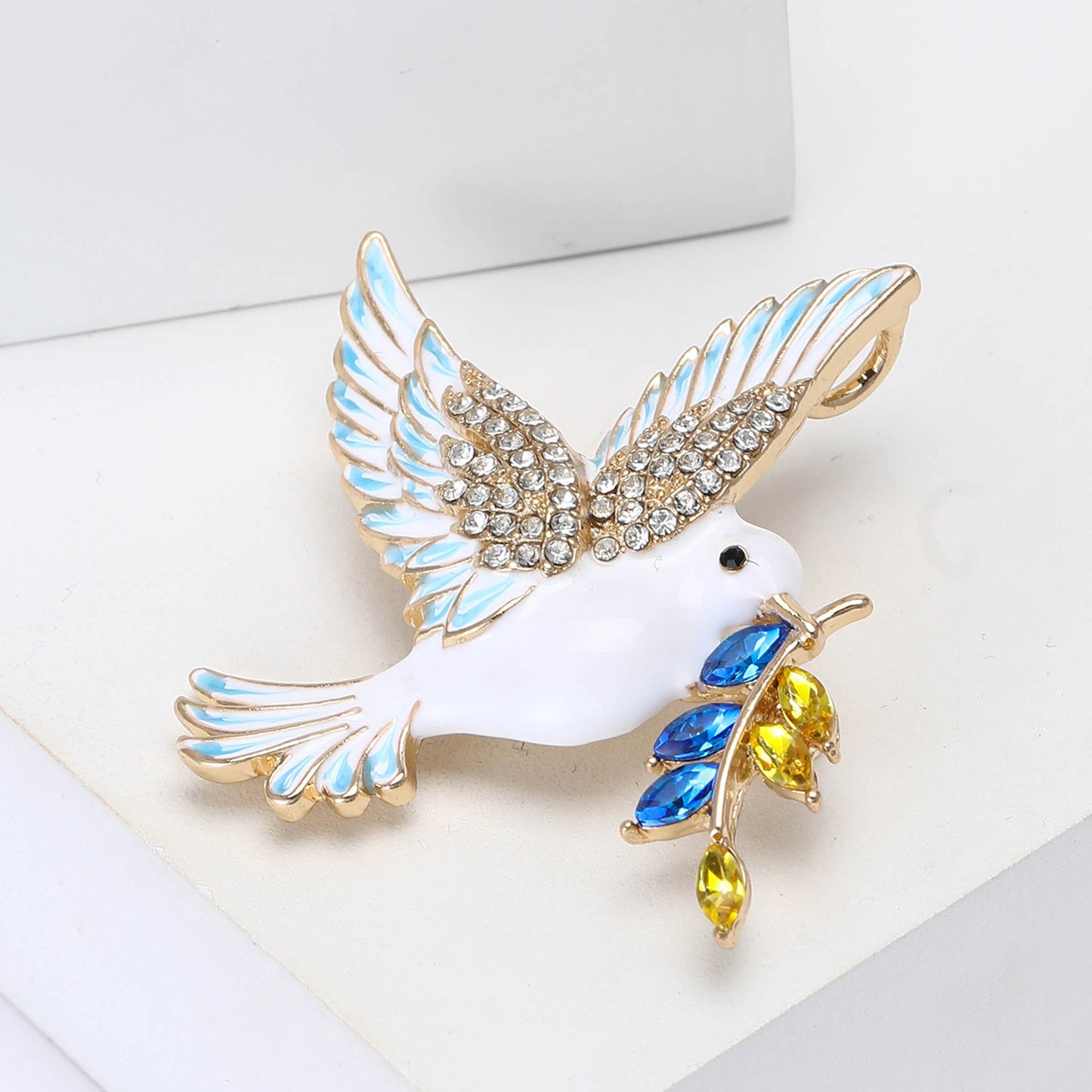 2pcs Peace Dove Brooch Set Gold Enamel Bird Pin Crystal Olive Branch Jewelry
