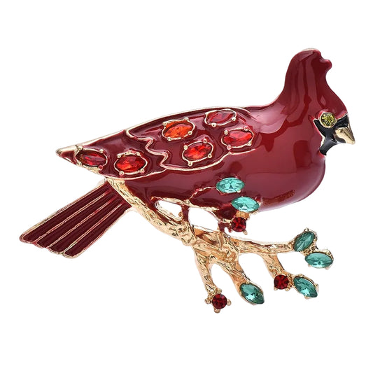 Red Cardinal Bird Brooch | Enamel & Rhinestone Pin for Bird Lovers