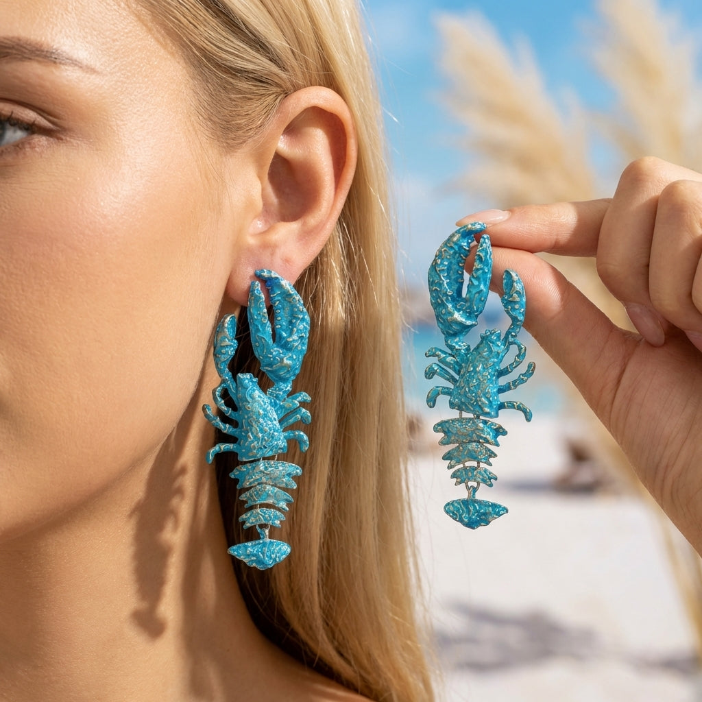 Statement Lobster Earrings Hammered Metal Texture Dangle Drop Coastal Jewelry