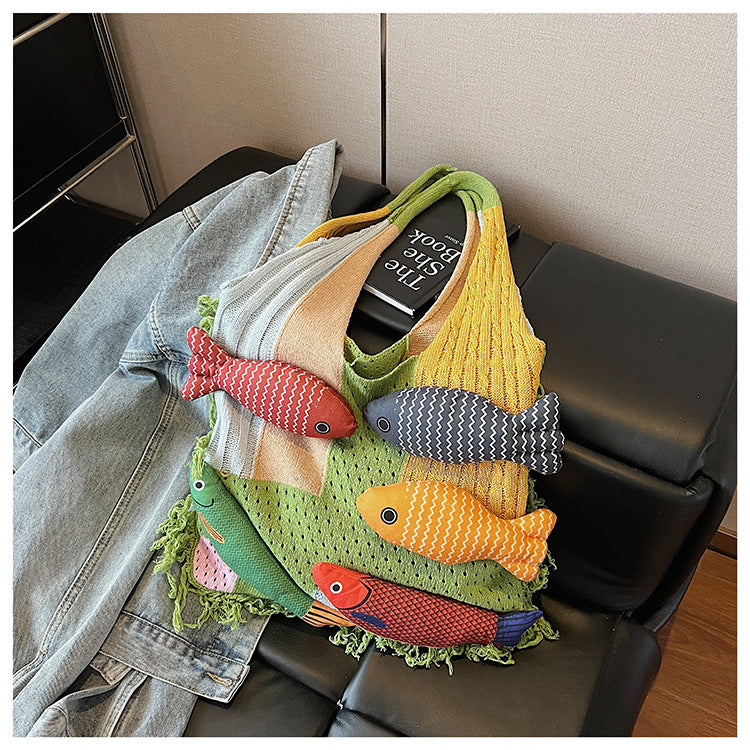 Whimsical Hand-Knit Patchwork Fish Tote Bag - Unique Artisan Boho Shoulder Purse