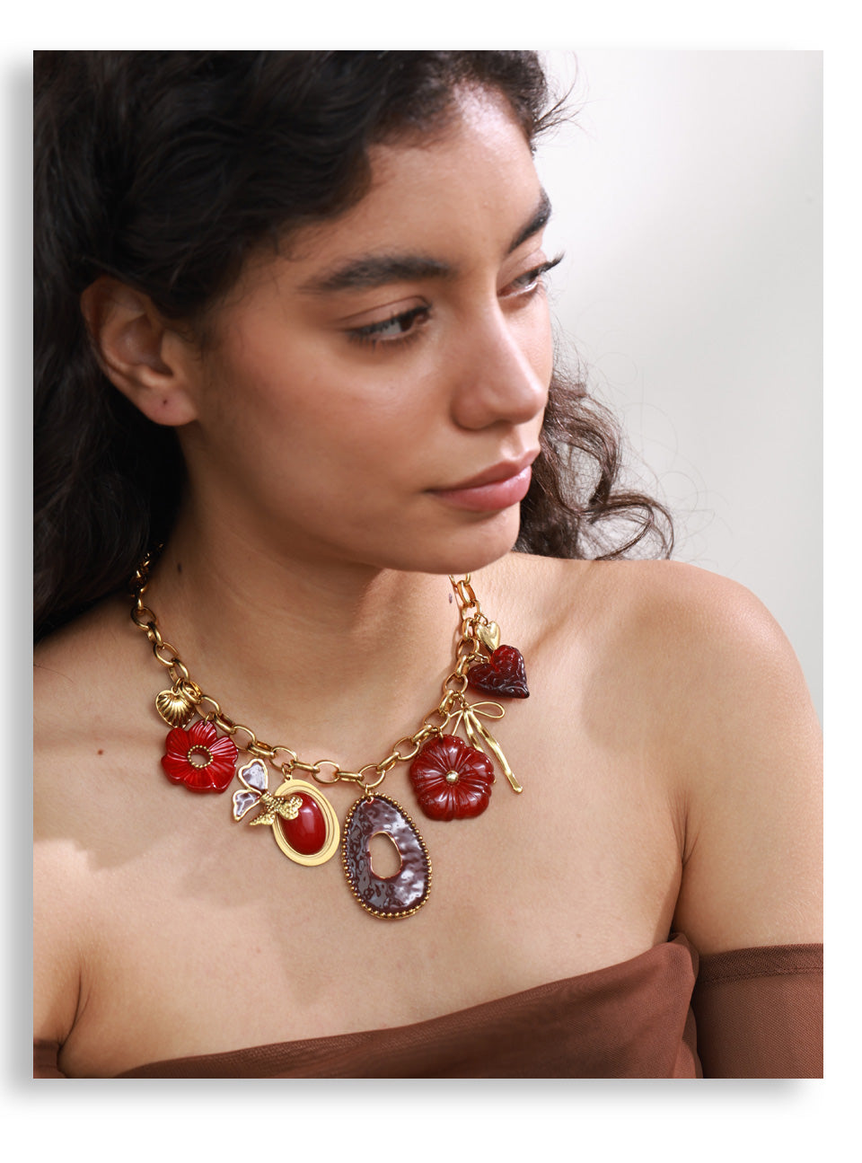 Gold Tone Chunky Chain Necklace with Red Resin Flower and Heart Charms