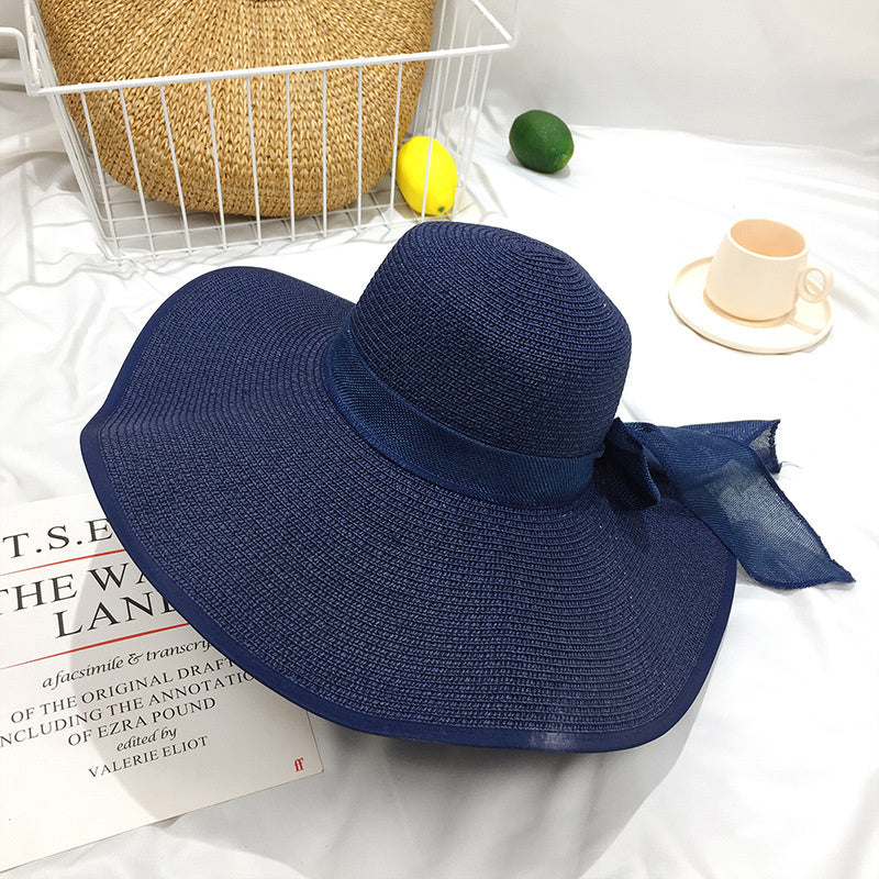 Wide Brim Straw Sun Hat with Chiffon Bow Floppy Beach Cap for Women