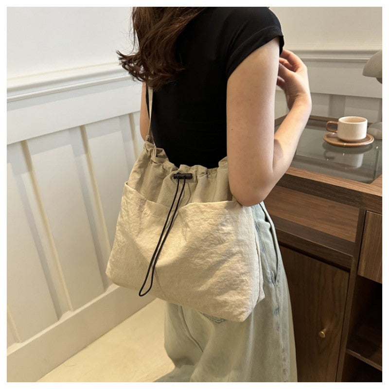 Nylon Drawstring Hobo Bag Adjustable Shoulder Strap Ruched Tote Bag