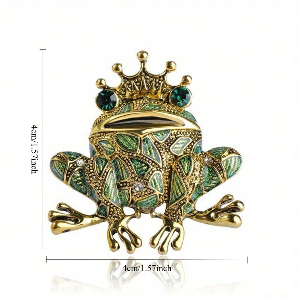 Frog Prince Brooch Gold Tone Green Enamel Rhinestone Crown Animal Pin Jewelry