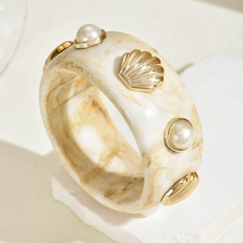 3pcs Tortoise Shell Resin Pearl and Seashell Bangle Set