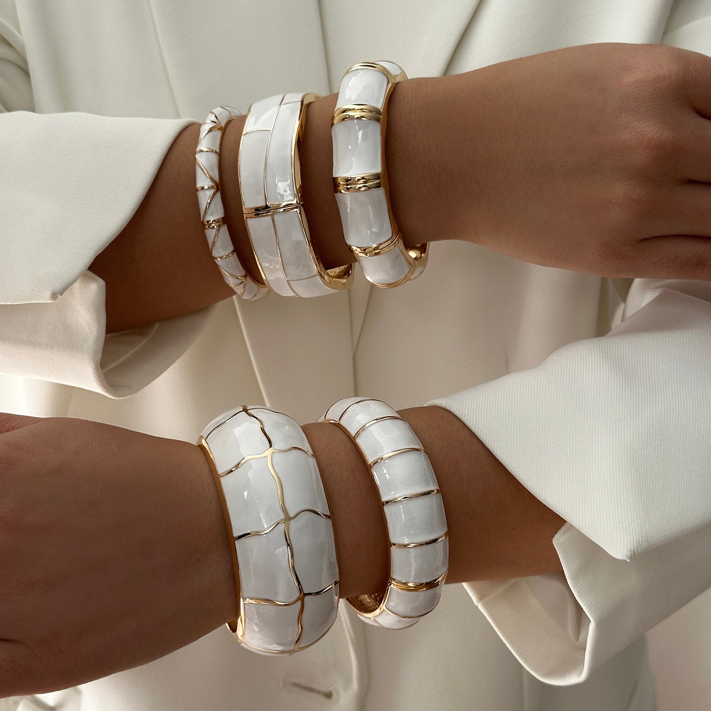 Cream Enamel Gold Tone Bangle Minimalist Stackable Bracelet