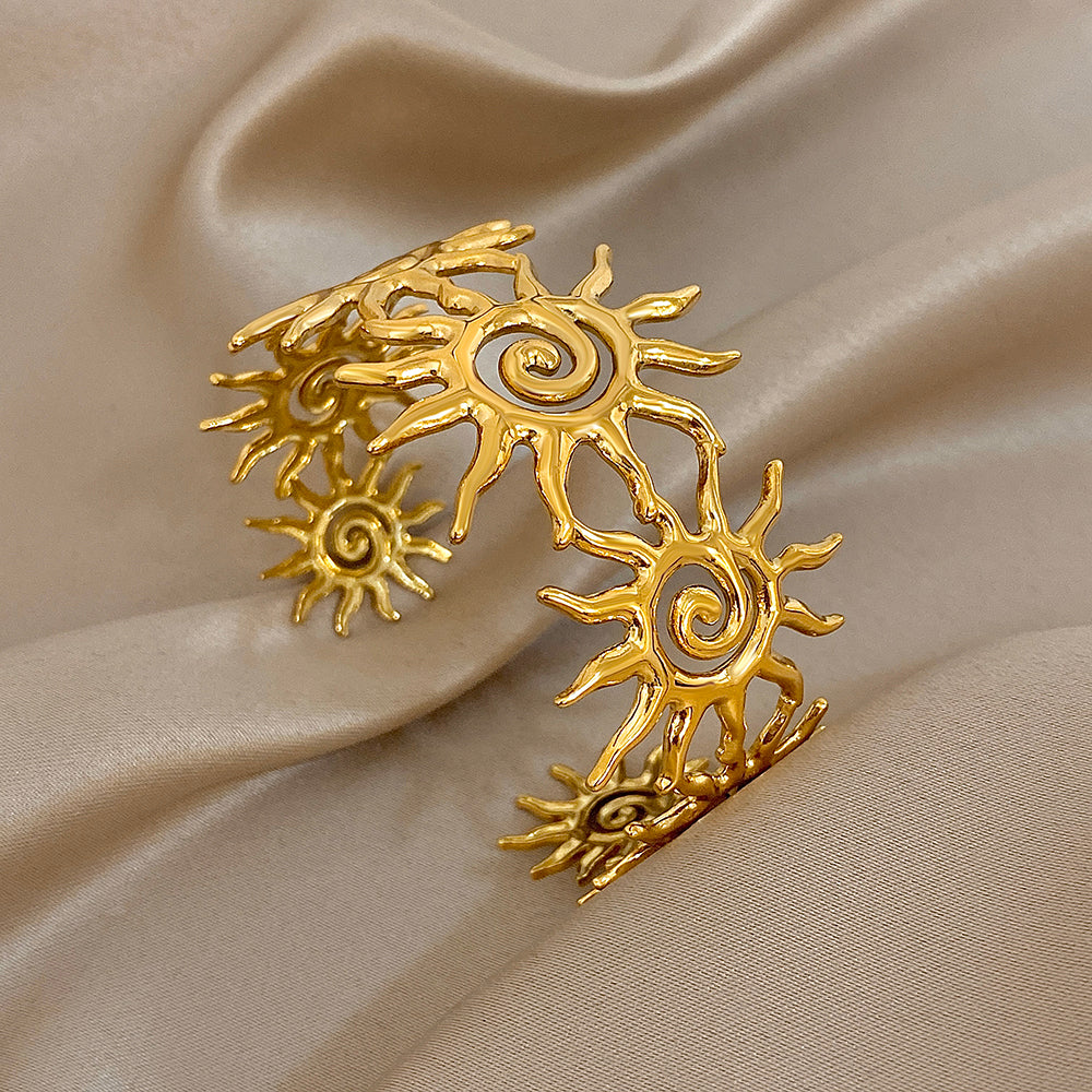 Gold Tone Sun Cuff Bracelet Celestial Boho Open Adjustable Statement Jewelry