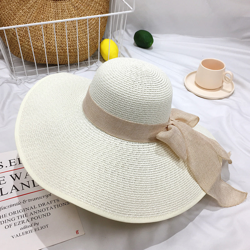 Wide Brim Straw Sun Hat with Chiffon Bow Floppy Beach Cap for Women