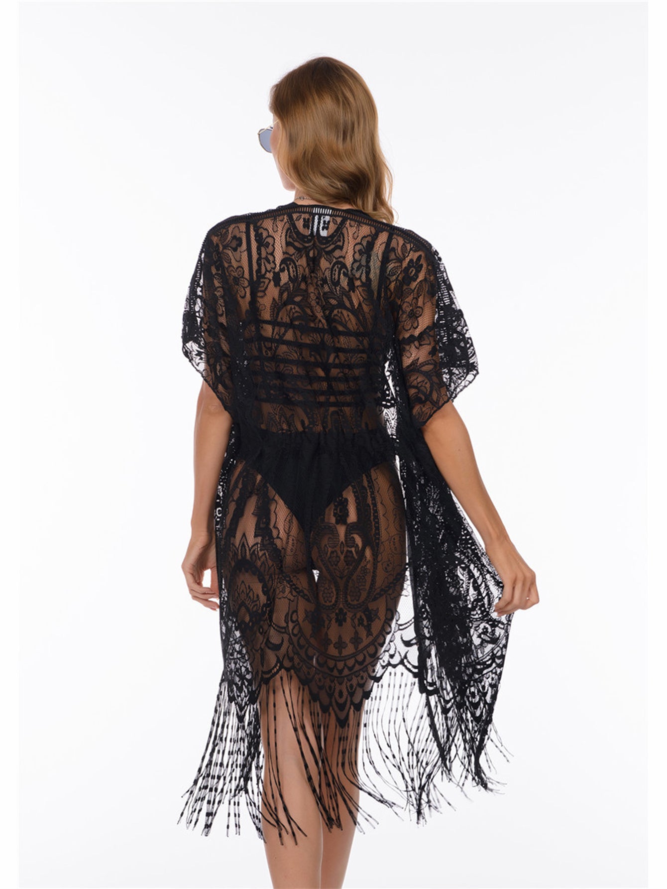 Women Floral Lace Swimsuit Cover Up Set Tassel Hem Beach Kimono Cardigan