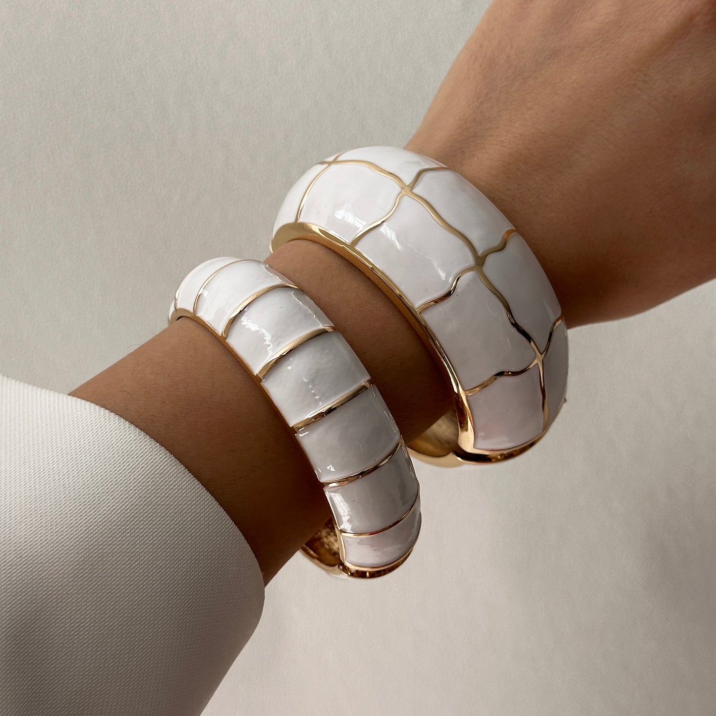 Cream Enamel Gold Tone Bangle Minimalist Stackable Bracelet