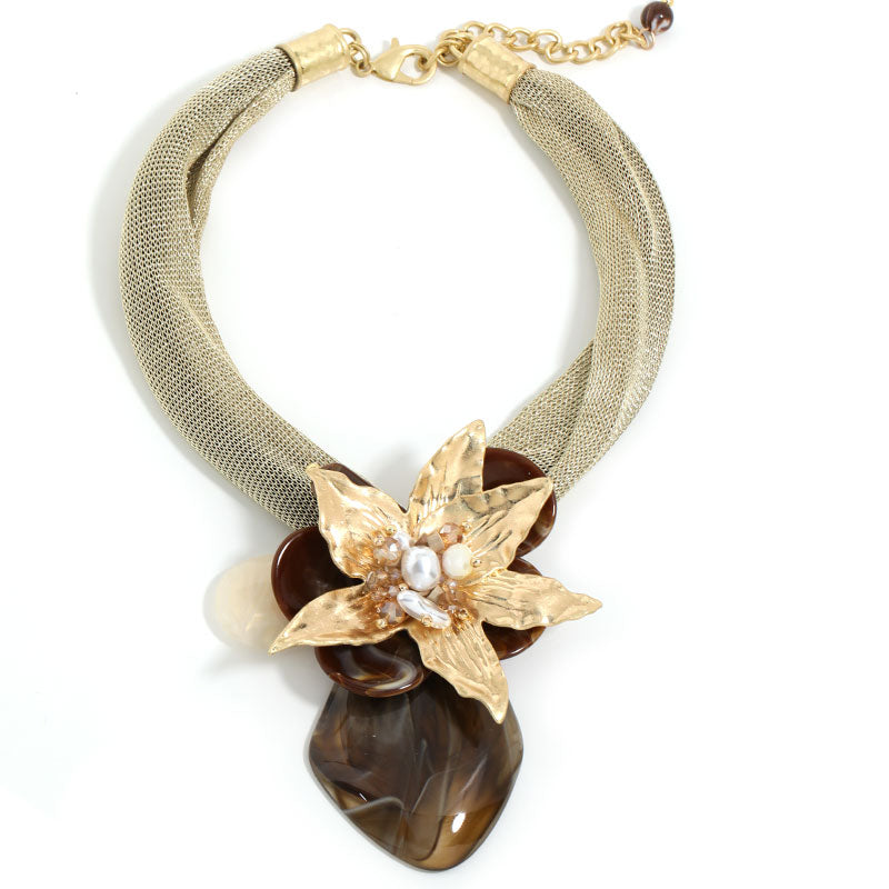 Gold Mesh Statement Necklace Large Floral Pendant Resin Stone Faux Pearl Choker