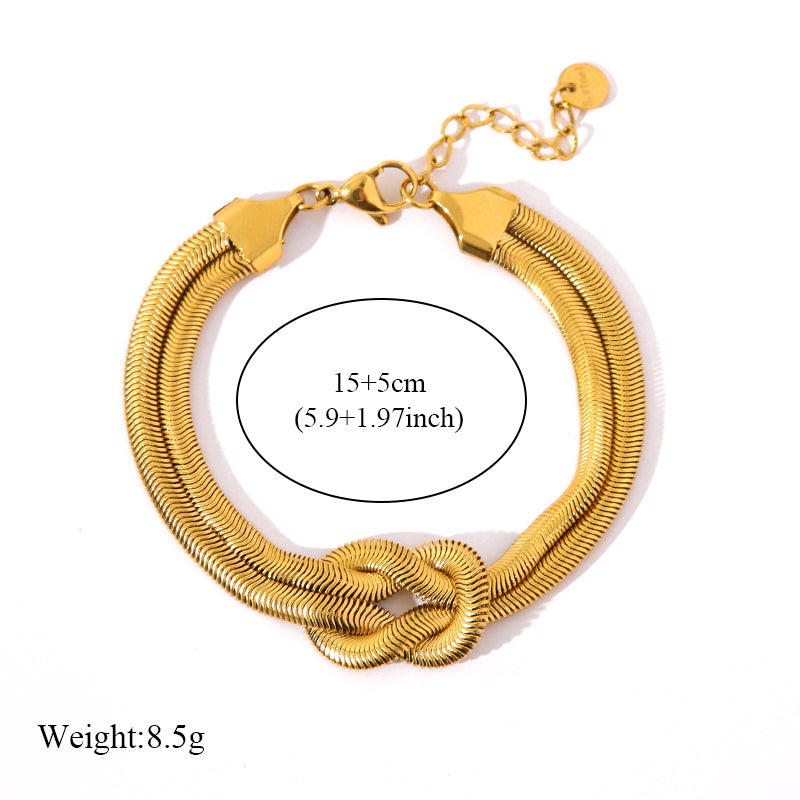 2 Piece Gold Tone Knot Snake Chain Necklace and Bracelet Set Minimalist Adjustable Layered Jewelry Stackable Gift Set for Women
