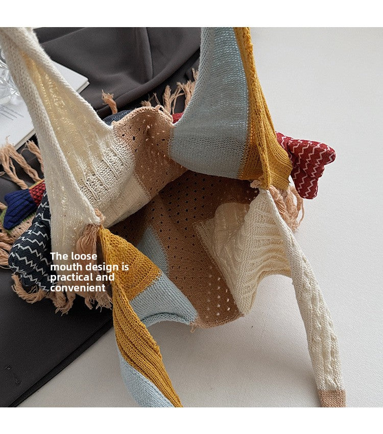 Whimsical Hand-Knit Patchwork Fish Tote Bag - Unique Artisan Boho Shoulder Purse
