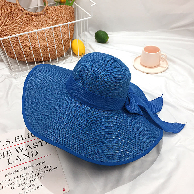 Wide Brim Straw Sun Hat with Chiffon Bow Floppy Beach Cap for Women