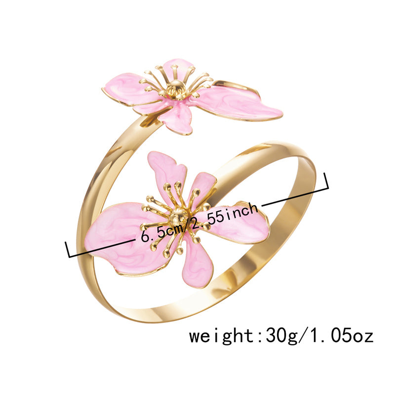 Enamel Flower Cuff Bracelet Gold Tone Floral Statement Jewelry