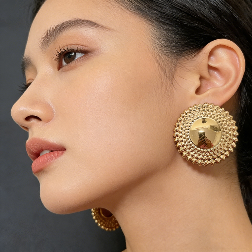 Gold Tone Textured Disc Statement Earrings for Women