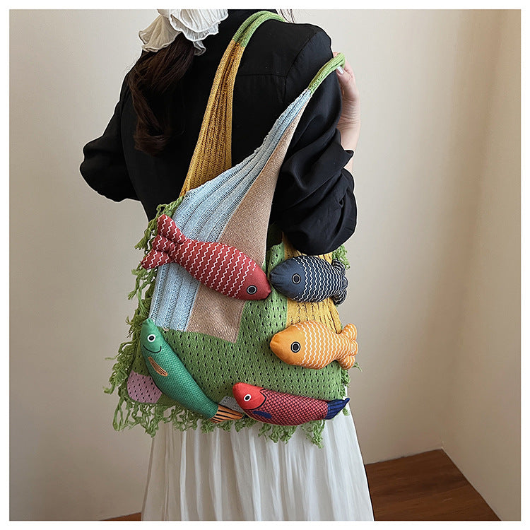 Whimsical Hand-Knit Patchwork Fish Tote Bag - Unique Artisan Boho Shoulder Purse