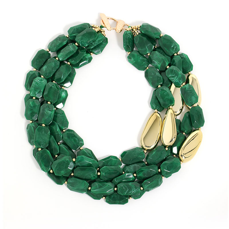 Statement Multi-Strand Resin Bead Necklace Set Gold Toned Dangle