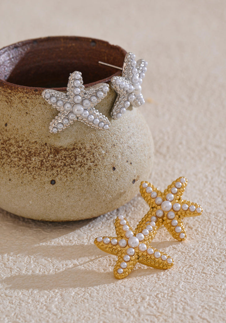 Starfish Dangle Earrings with Faux Pearl Ocean Beach Summer Jewelry