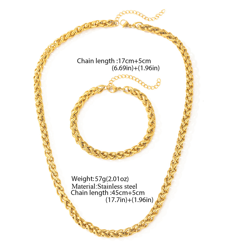 Gold Stainless Steel Braided Chain Necklace Bracelet Set for Women
