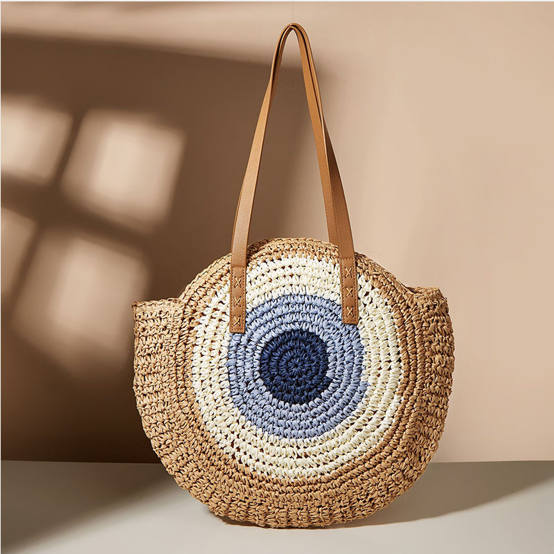 Round Woven Straw Shoulder Bag Bohemian Tote Beach Purse Summer Travel Handbag
