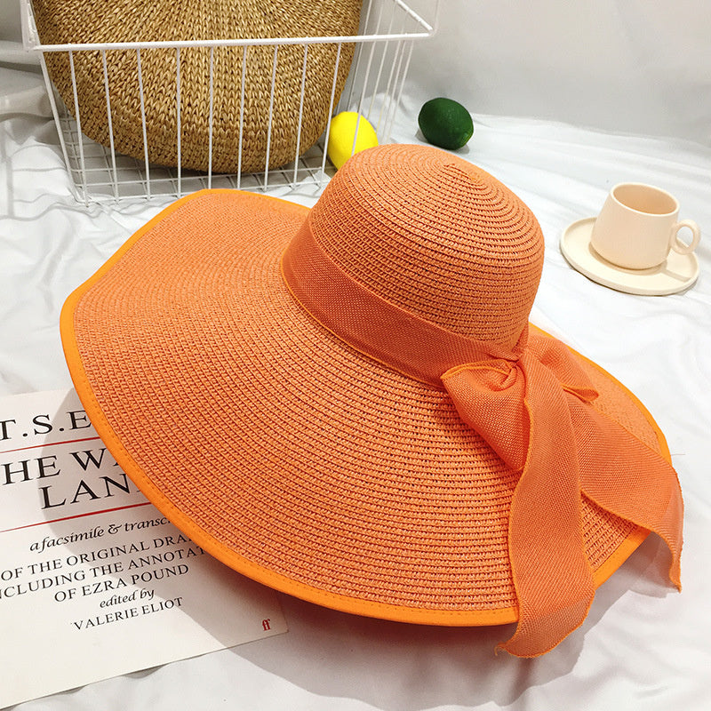 Wide Brim Straw Sun Hat with Chiffon Bow Floppy Beach Cap for Women