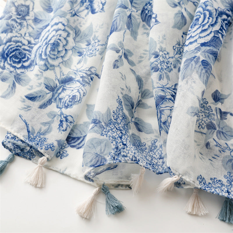 Blue Floral Tassel Scarf Premium Lightweight Wrap