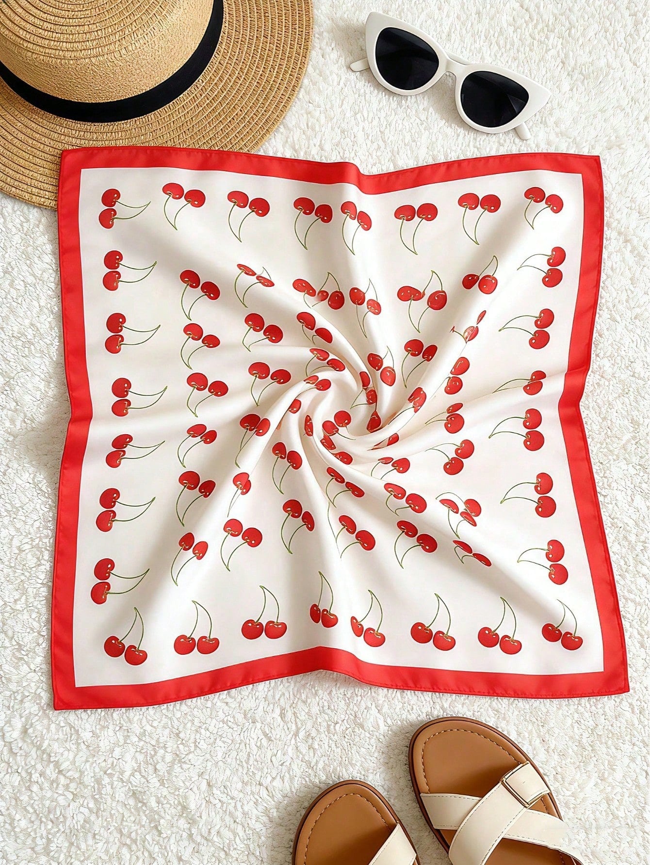 Red White Cherry Print Square Silk Like Scarf Head Handbag Neck Wrap