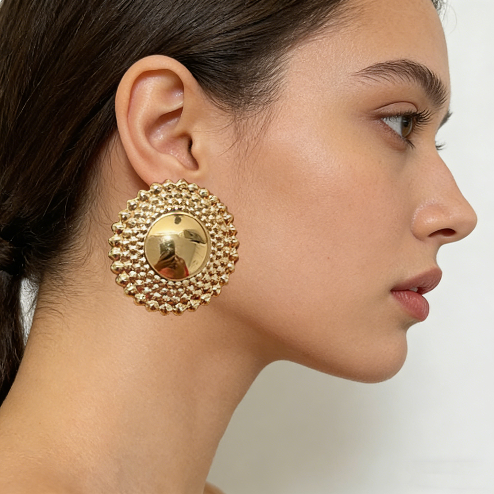 Gold Tone Textured Disc Statement Earrings for Women