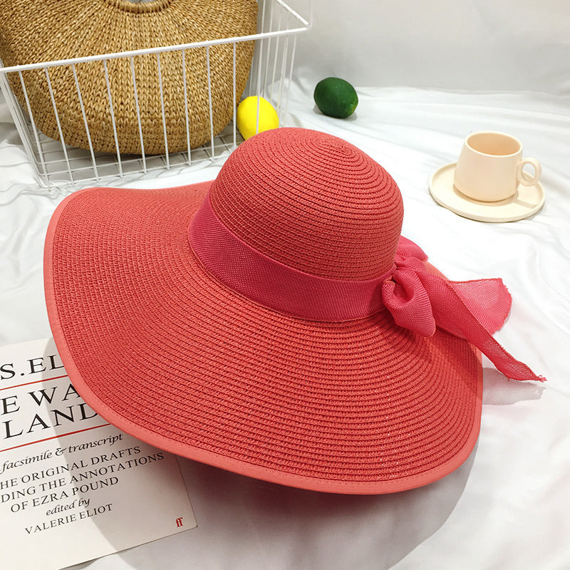 Wide Brim Straw Sun Hat with Chiffon Bow Floppy Beach Cap for Women
