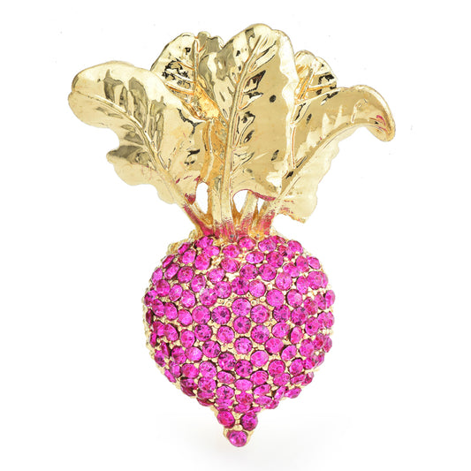 Beet Brooch Pink Crystal Gold Tone Vegetable Pin Fashion Jewelry