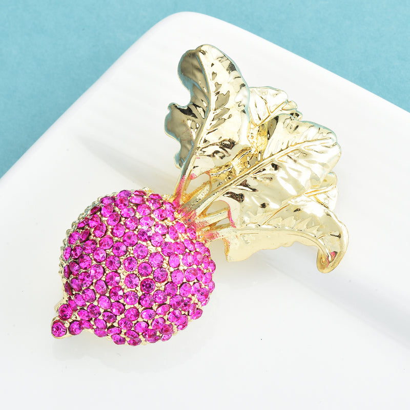 Beet Brooch Pink Crystal Gold Tone Vegetable Pin Fashion Jewelry