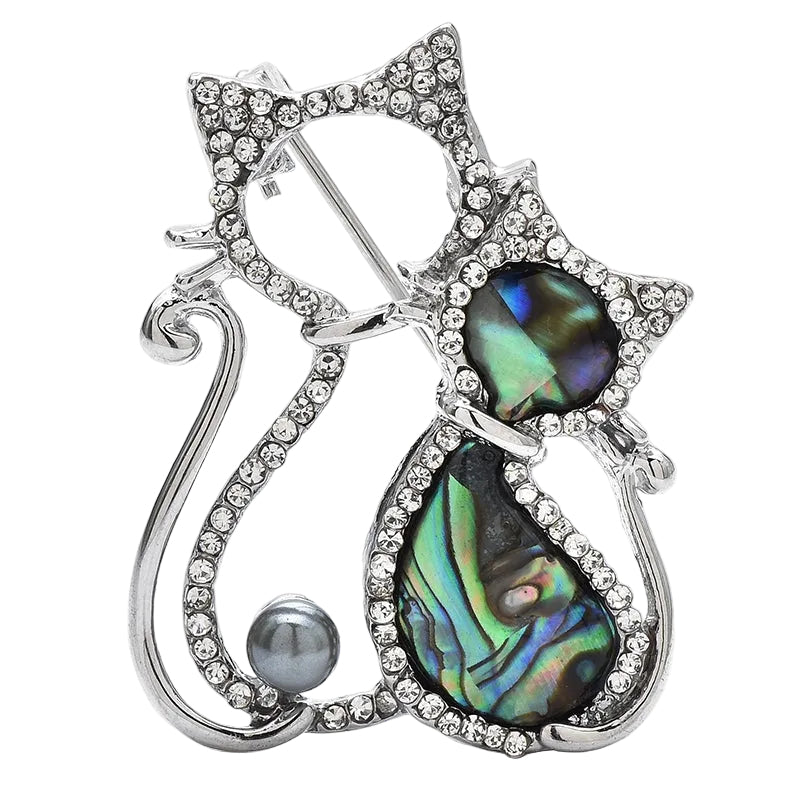 Double Cat Brooch Pin Rhinestone Abalone Shell Faux Pearl Silver Tone