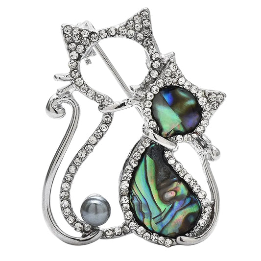 Double Cat Brooch Pin Rhinestone Abalone Shell Faux Pearl Silver Tone