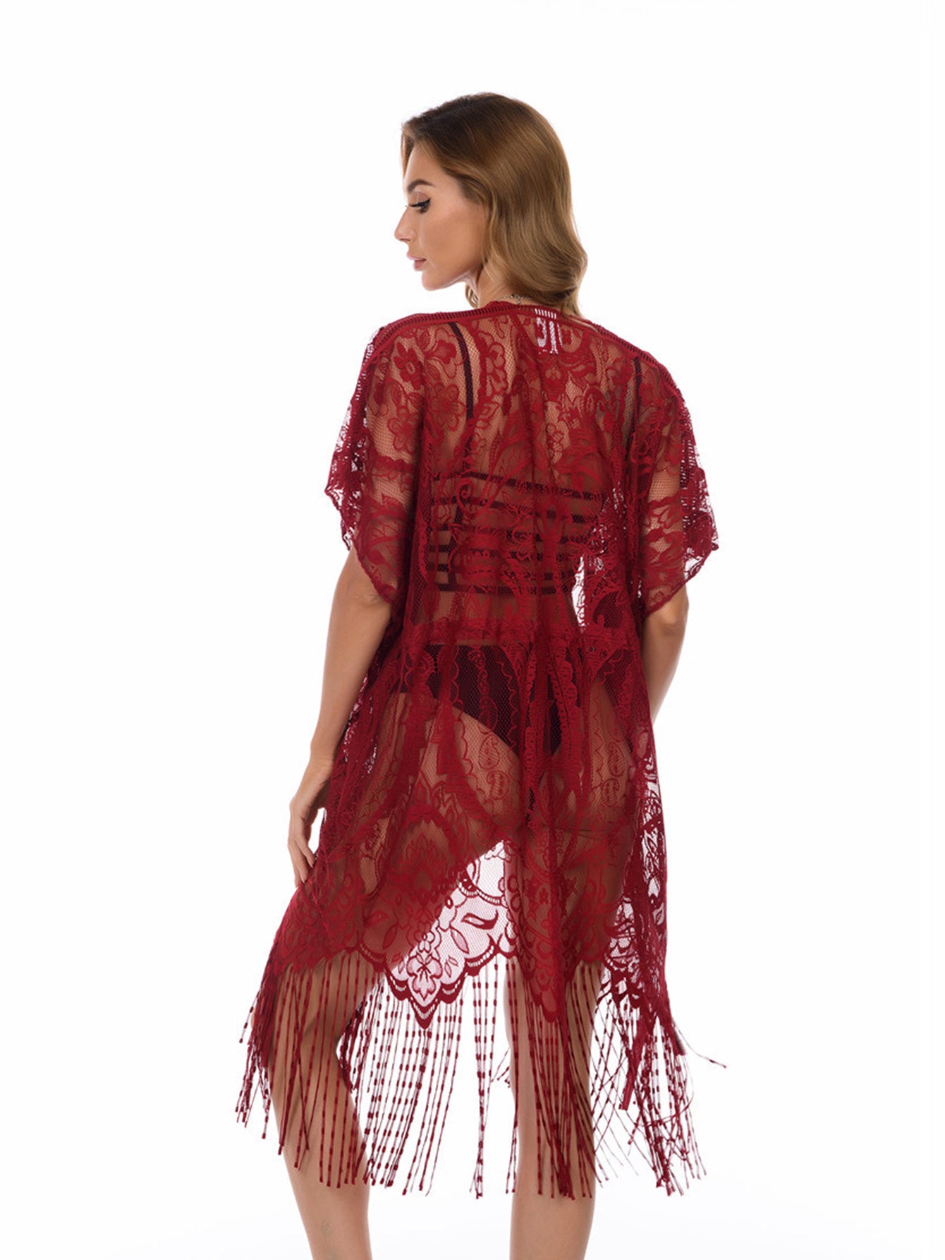 Women Floral Lace Swimsuit Cover Up Set Tassel Hem Beach Kimono Cardigan