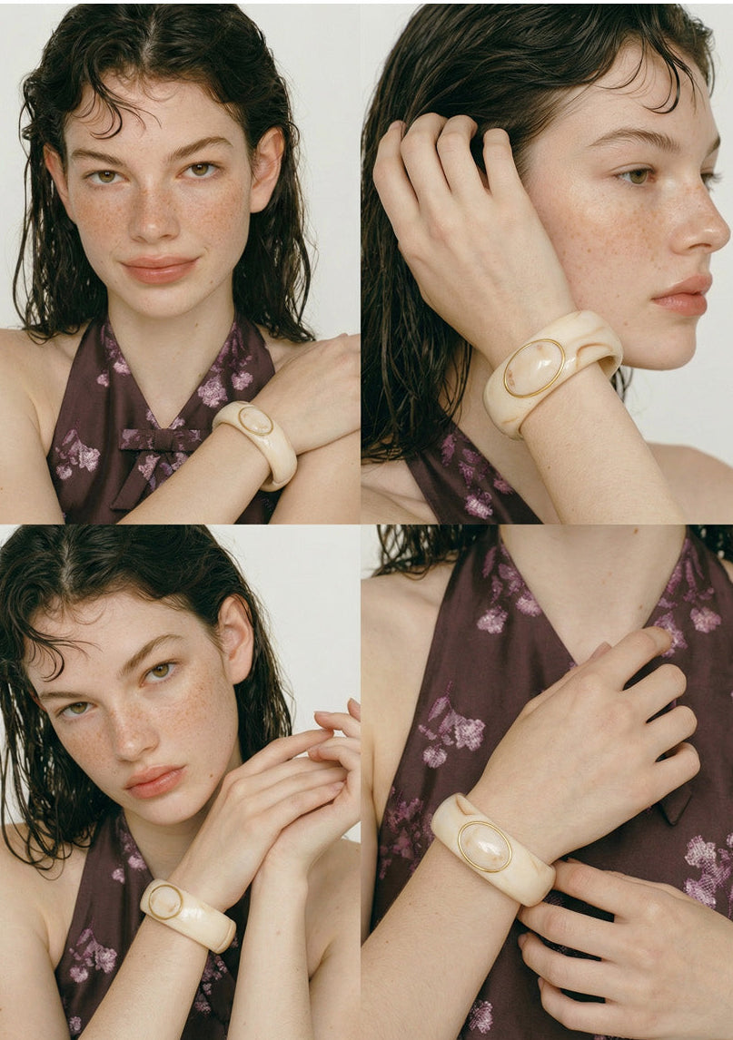 Pink Resin Oval Accent Cuff Bracelet for Women – Chunky Gold Tone Statement Bangle