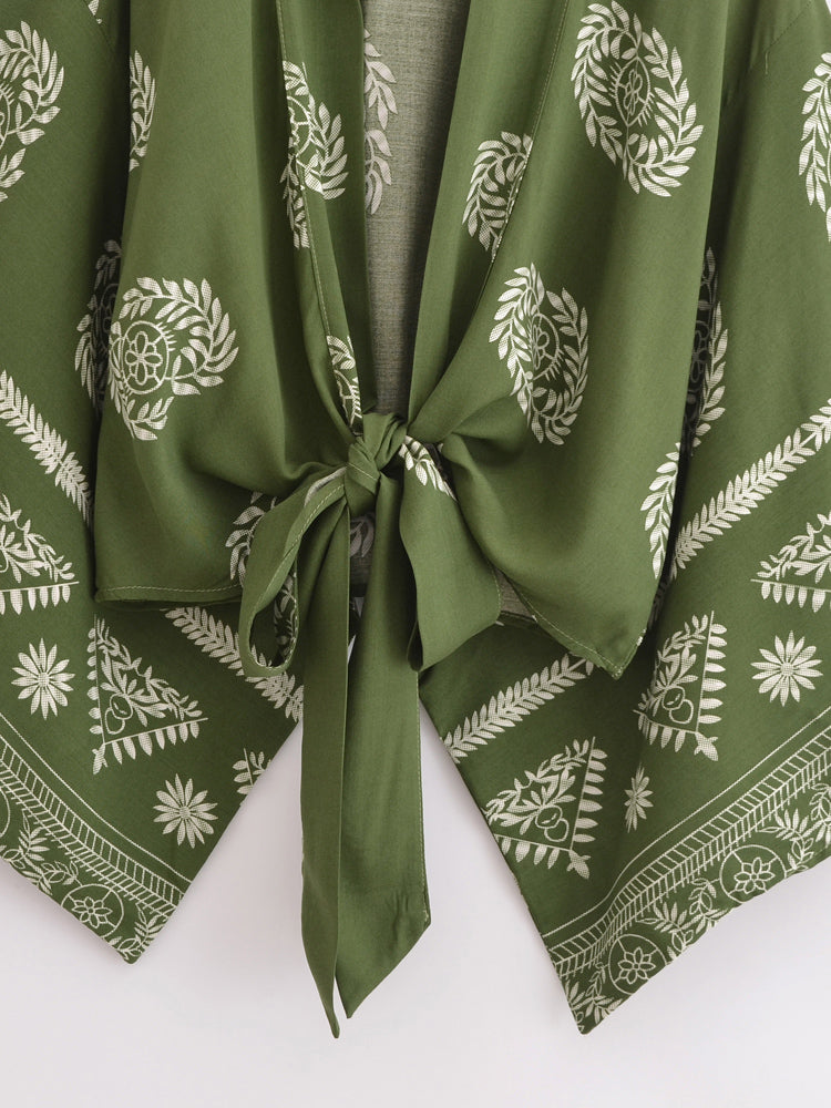 Boho Tie Front Kimono Cardigan Paisley Floral Lightweight Summer Cover Up