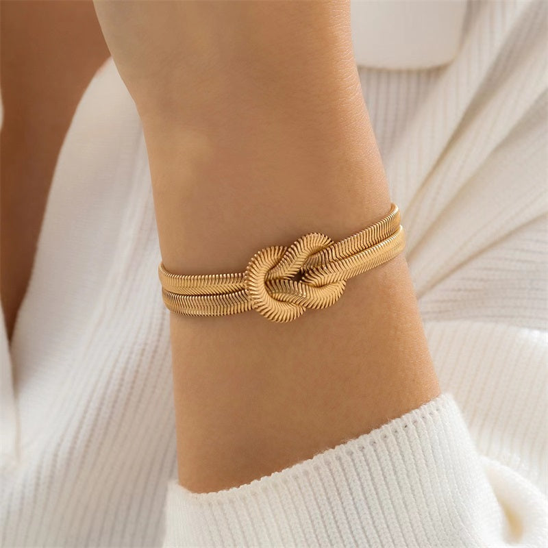2 Piece Gold Tone Knot Snake Chain Necklace and Bracelet Set Minimalist Adjustable Layered Jewelry Stackable Gift Set for Women