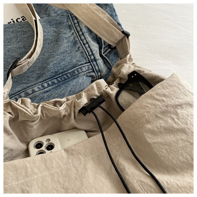 Nylon Drawstring Hobo Bag Adjustable Shoulder Strap Ruched Tote Bag