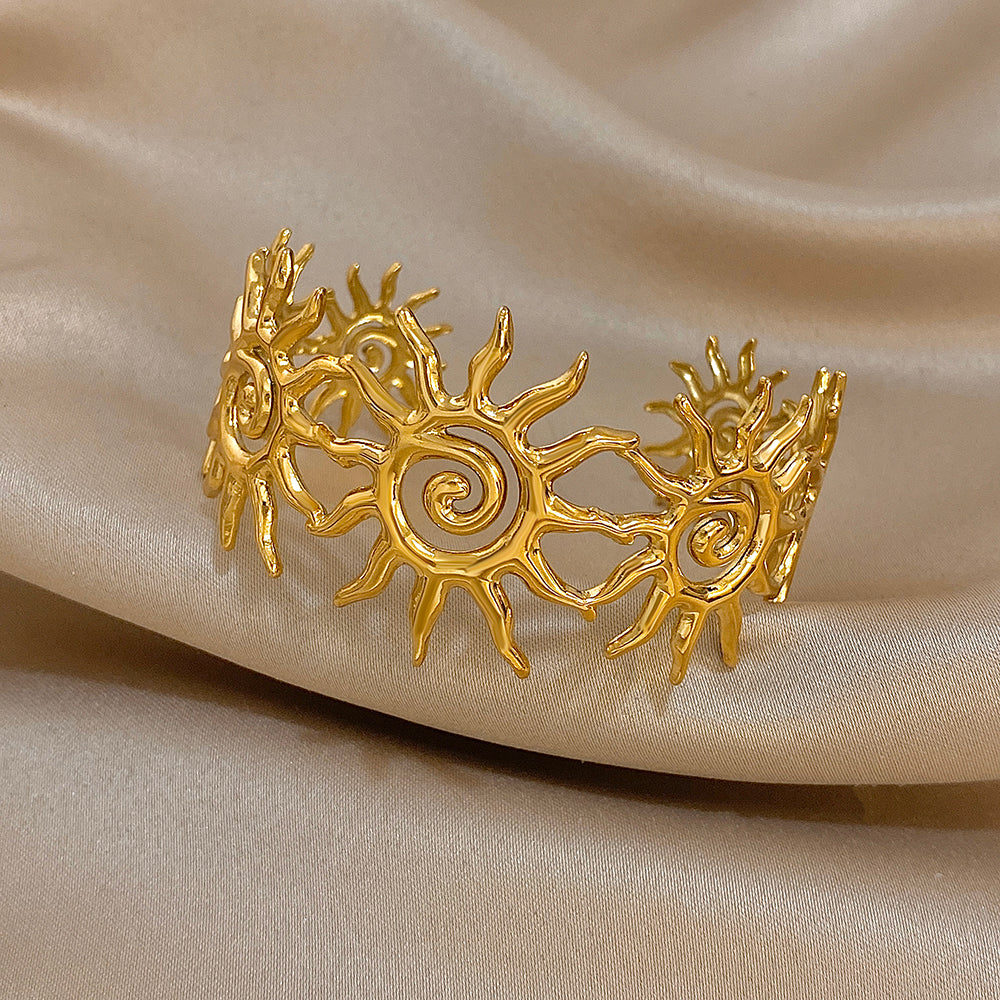 Gold Tone Sun Cuff Bracelet Celestial Boho Open Adjustable Statement Jewelry