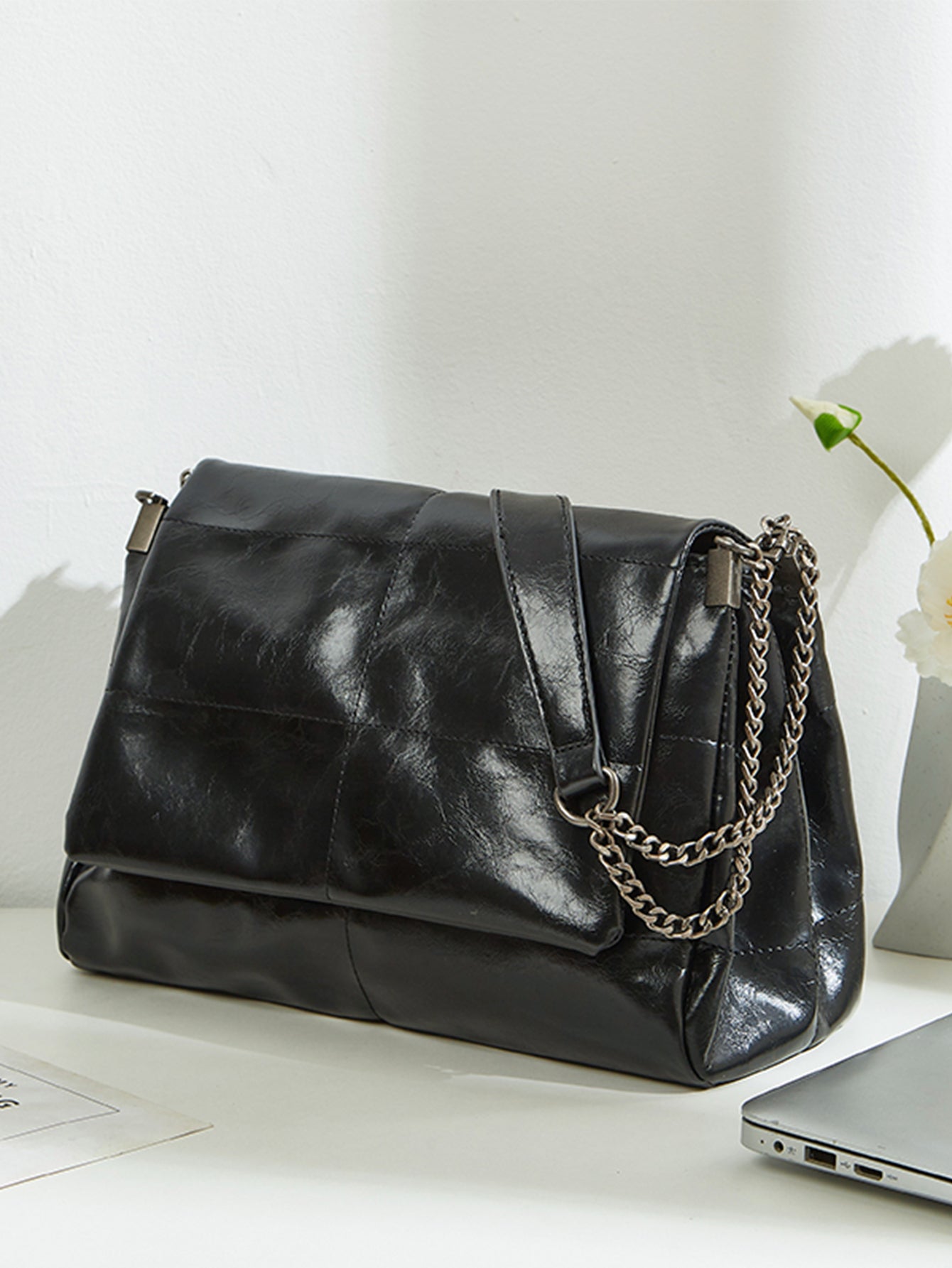 Black Quilted Faux Leather Chain Shoulder Bag Multi Compartment Purse