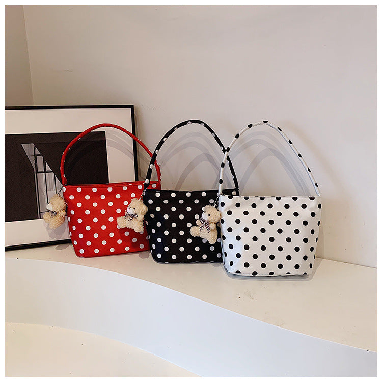 Trendy Polka Dot Shoulder Bag with Cute Teddy Bear Charm
