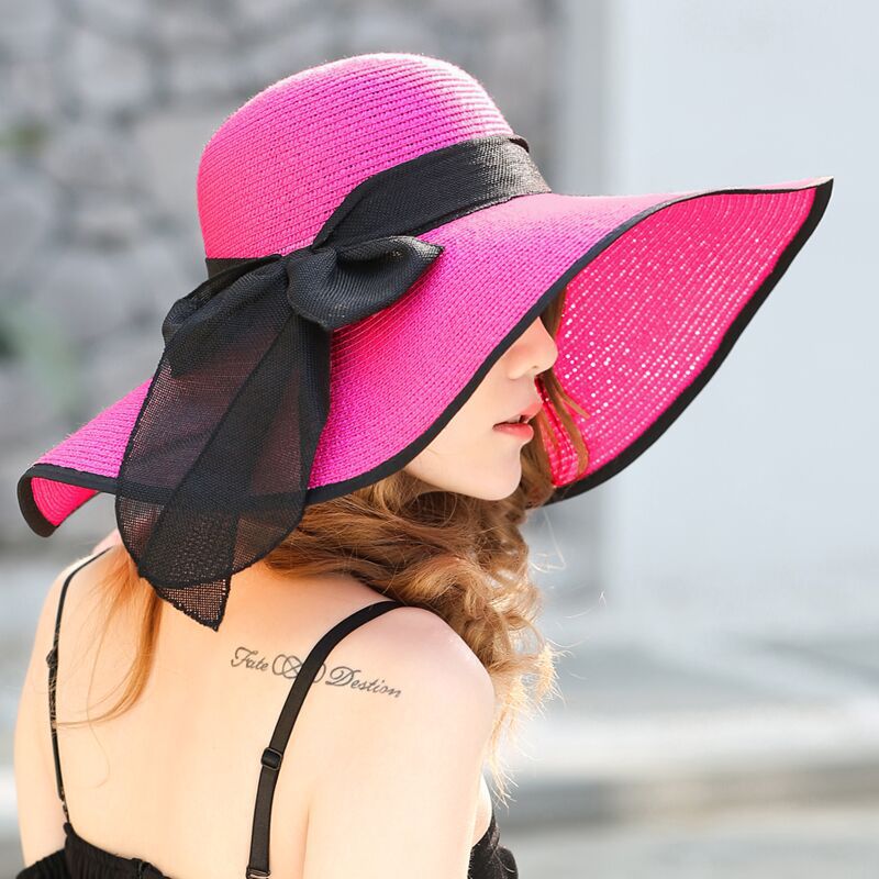 Wide Brim Straw Sun Hat with Chiffon Bow Floppy Beach Cap for Women