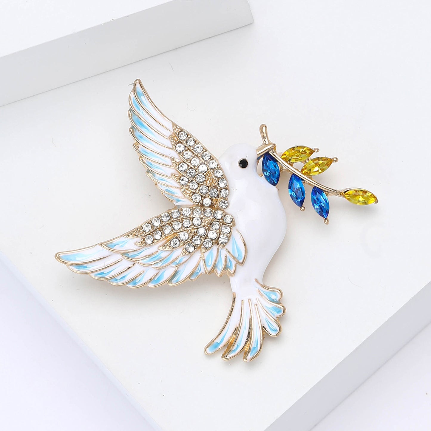 2pcs Peace Dove Brooch Set Gold Enamel Bird Pin Crystal Olive Branch Jewelry