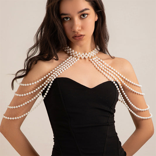 White Faux Pearl Body Chain Multilayer Shoulder Necklace Jewelry Set