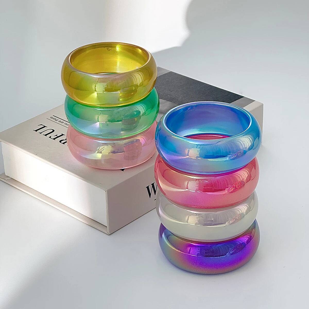 Iridescent Resin Bangle Bracelet Colorful Aurora Chunky Acrylic Jewelry