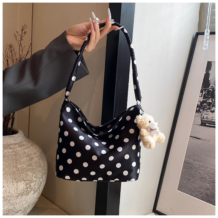 Trendy Polka Dot Shoulder Bag with Cute Teddy Bear Charm