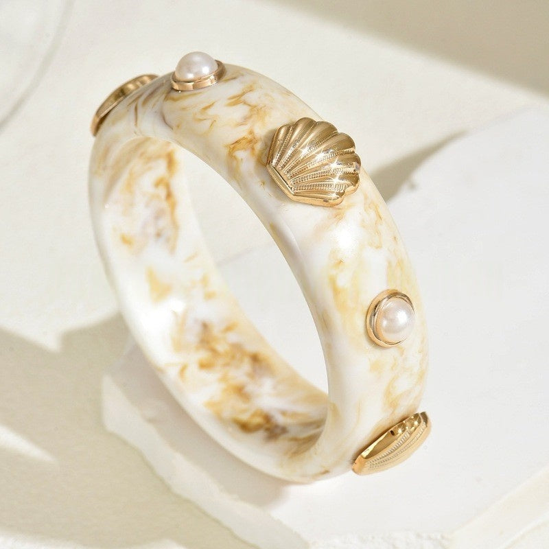 3pcs Tortoise Shell Resin Pearl and Seashell Bangle Set